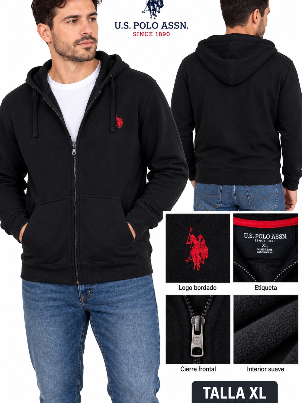 U.S. Polo Assn. Black Zip-Up Hoodie with Red Pony Logo